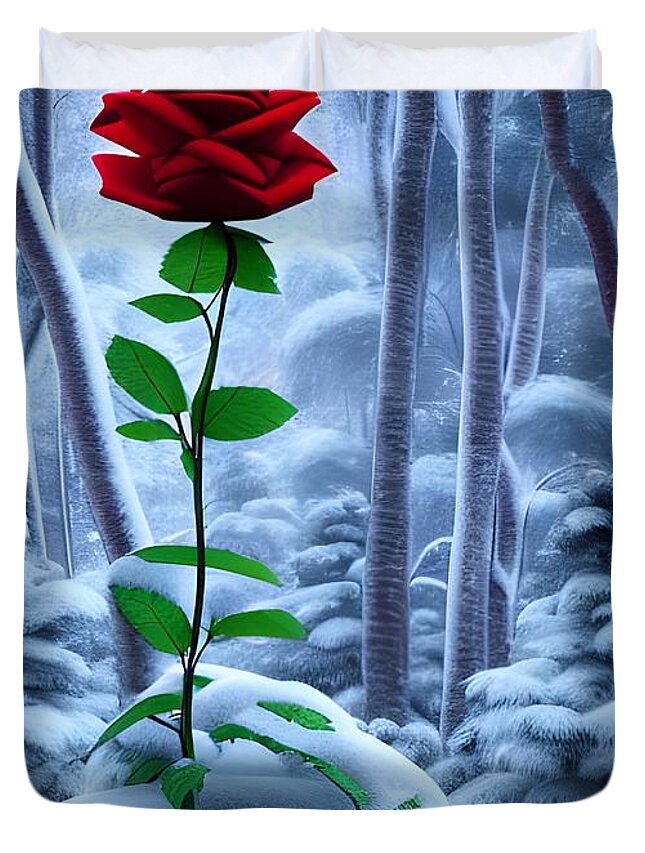 Digital Duvet Cover featuring the digital art Red Rose in the Snow by Beverly Read