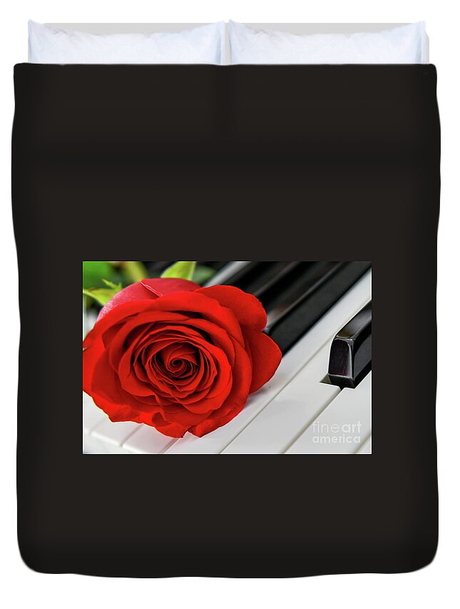Piano Keys Duvet Cover featuring the photograph Red Rose On Piano Keys by Olga Hamilton