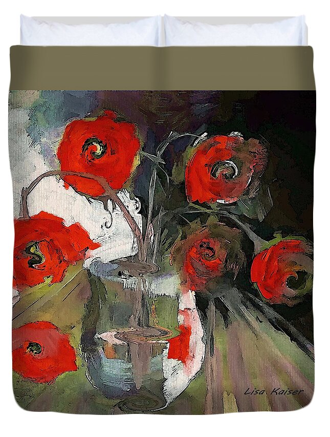 Red Duvet Cover featuring the painting Red Roses In A Vase by Lisa Kaiser