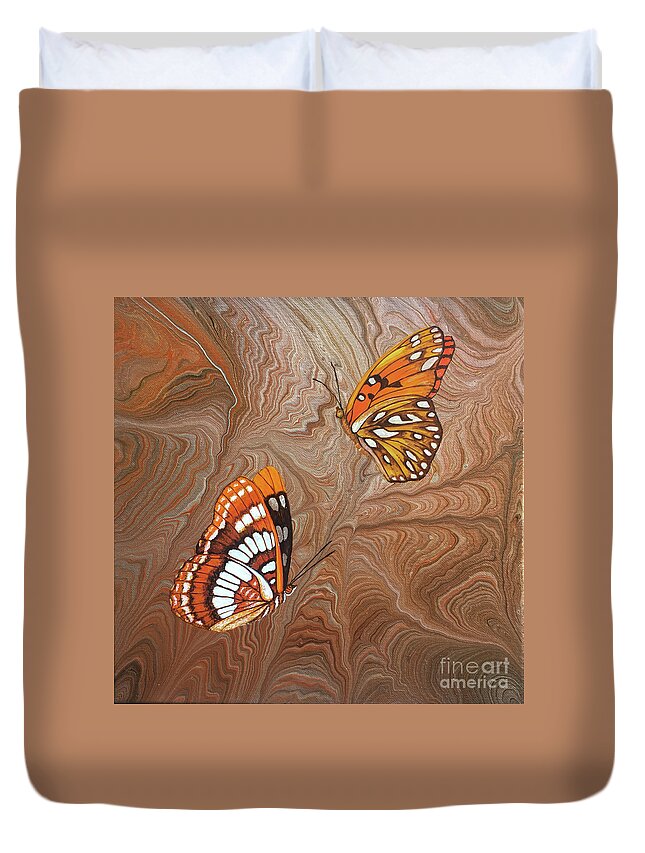 California Butterflies Duvet Cover featuring the painting Red Sandstone and CA Butterflies by Lucy Arnold