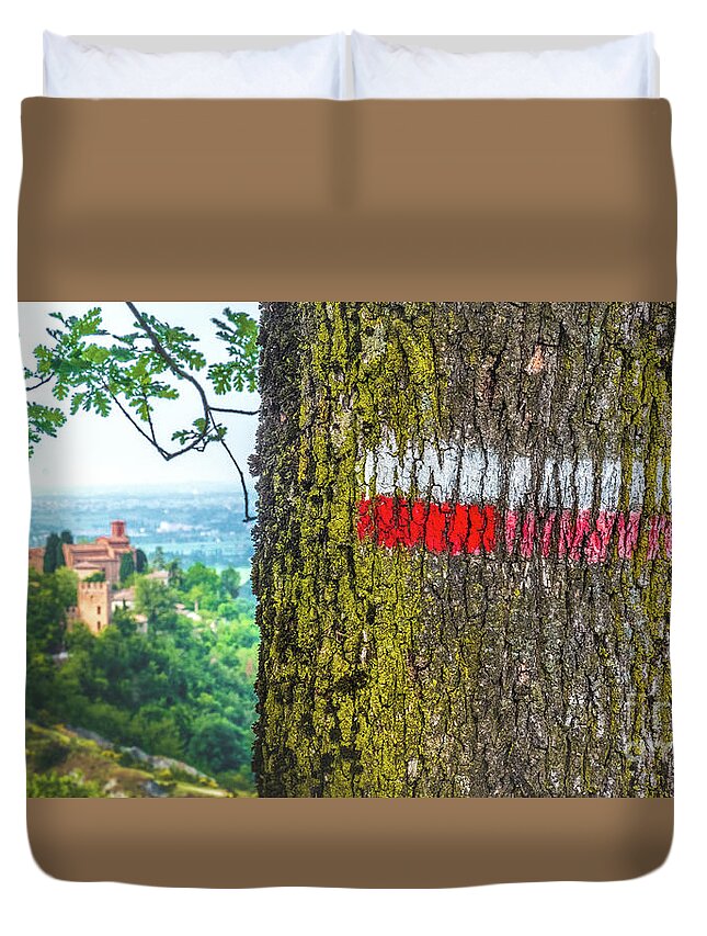 Mark Duvet Cover featuring the photograph red signs on marked tree hiking trail in italy - Monteveglio - Bologna - Italy by Luca Lorenzelli