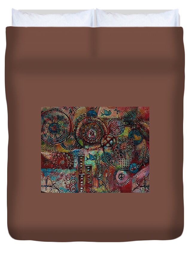 Red Duvet Cover featuring the mixed media Red Sky Blue Bird by Pam Veitenheimer
