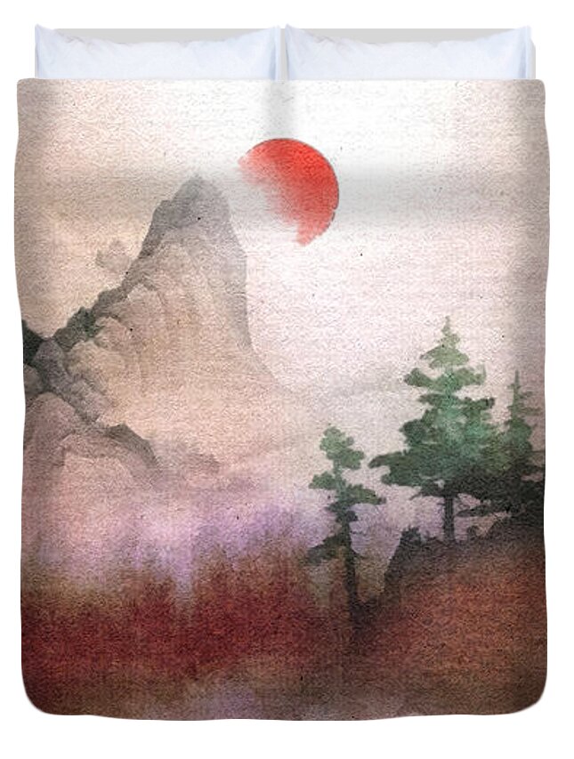 Red Sunrise Duvet Cover featuring the painting Red Sunrise by Mo T