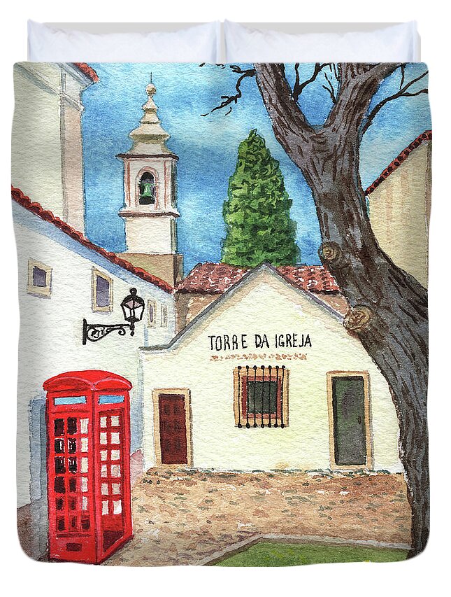 Red Booth Duvet Cover featuring the painting Red Telephone Booth Torre Da Igreja Lisbon Portugal Watercolor by Irina Sztukowski