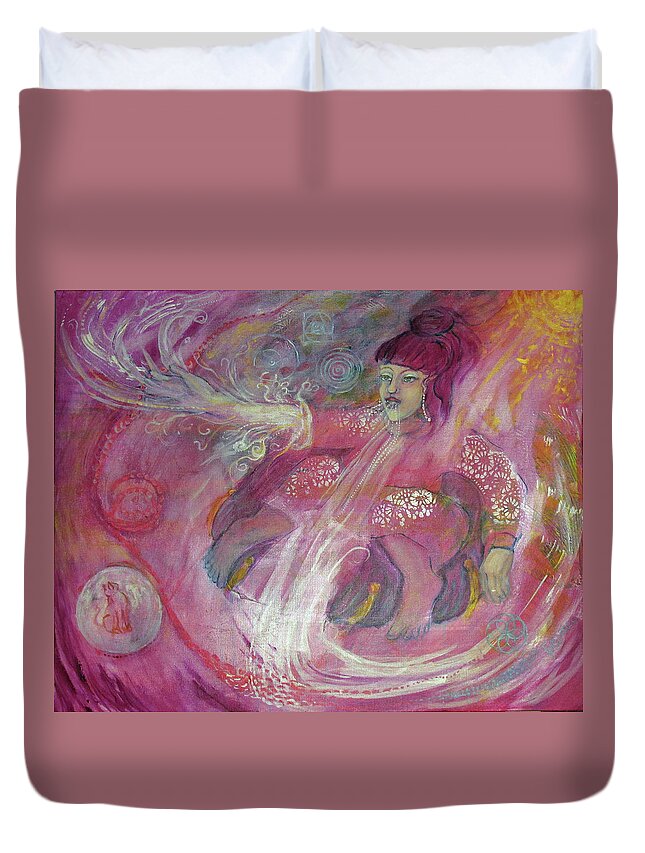 Red Thread Magic Duvet Cover featuring the painting Red Thread Magic for Australia by Feather Redfox