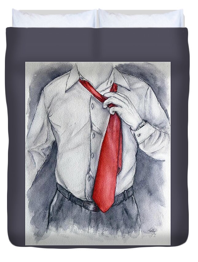 Tie Duvet Cover featuring the painting Red Tie by Kelly Mills