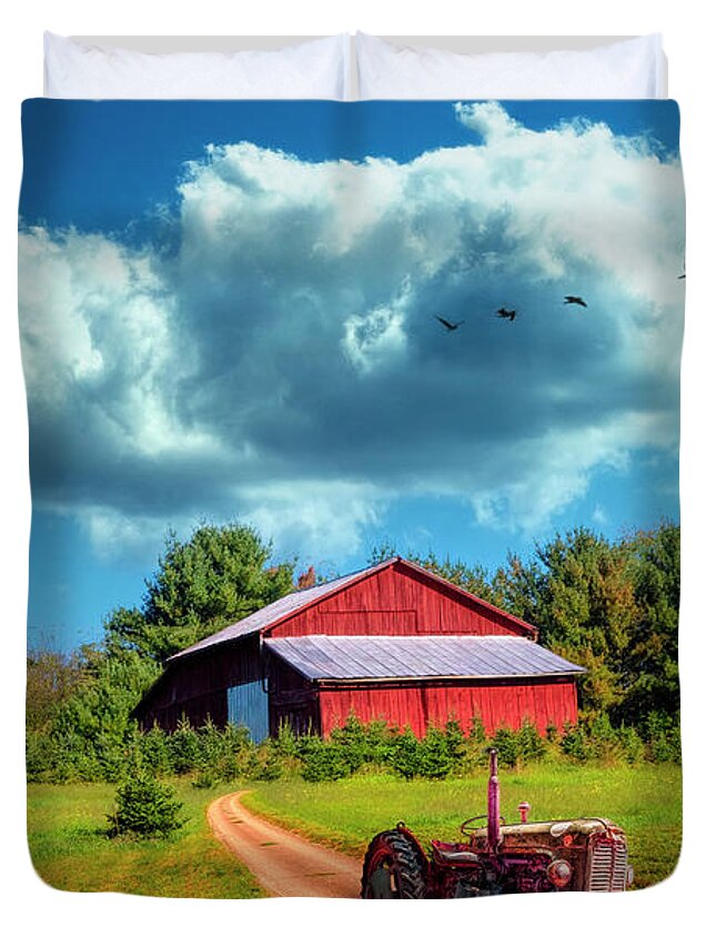 Barn Duvet Cover featuring the photograph Red Tractor on the Farm Trail by Debra and Dave Vanderlaan