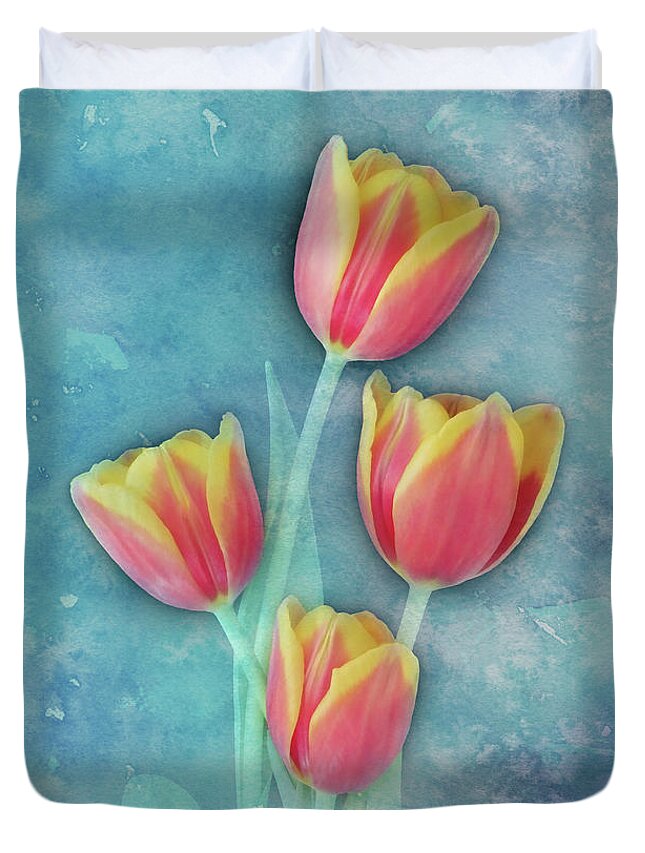Tulip Duvet Cover featuring the photograph Red Tulips On Blue Watercolor Photoart by Johanna Hurmerinta