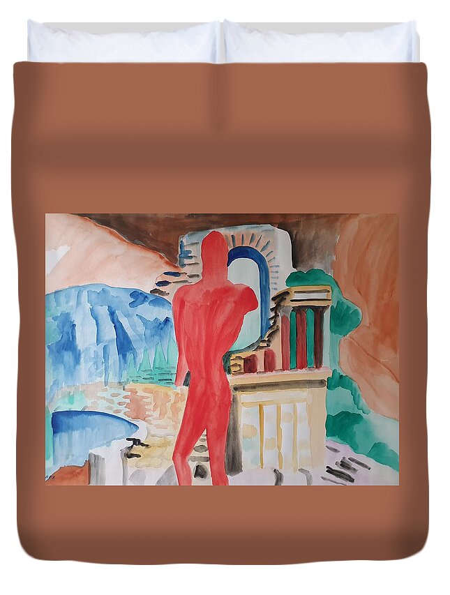 Classical Greek Sculpture Duvet Cover featuring the painting Red Warrior and the Temple by Enrico Garff