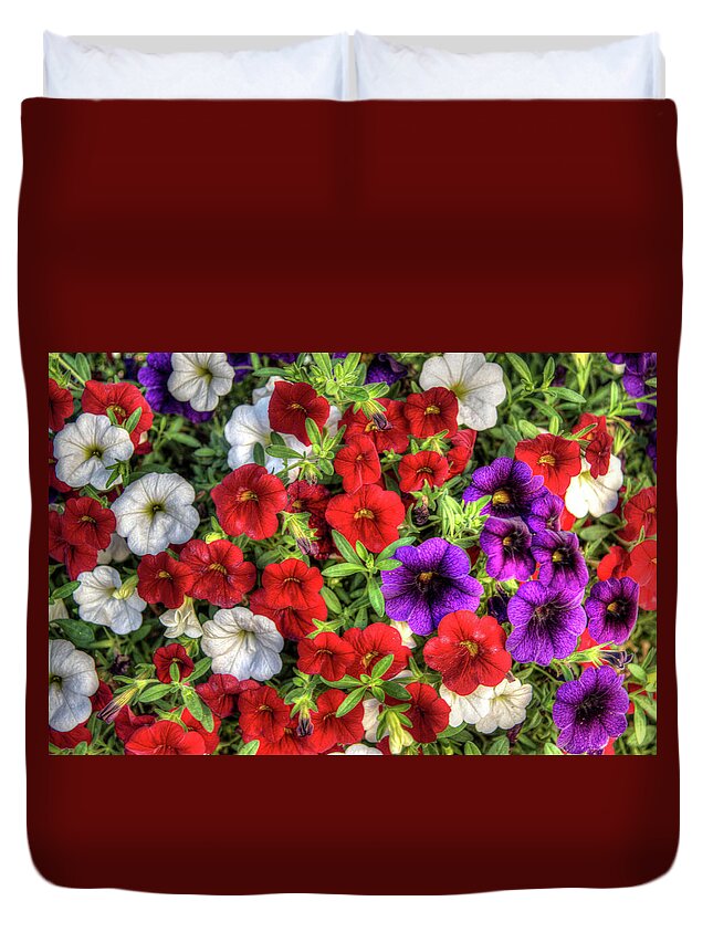 Floral Art Duvet Cover featuring the photograph Red White and Purple Million Bells by Thom Zehrfeld