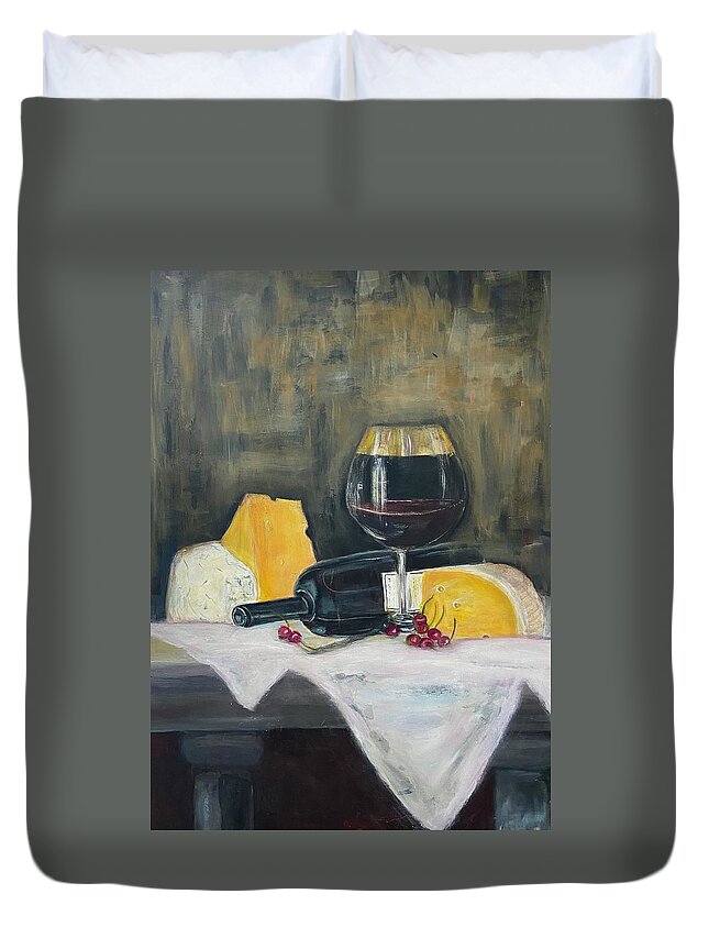 Red Wine Duvet Cover featuring the painting Red Wine and Cheese by Denice Palanuk Wilson
