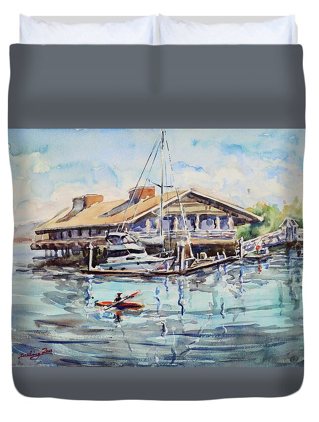 Kayak Duvet Cover featuring the painting Redwood City Marina California by Xueling Zou