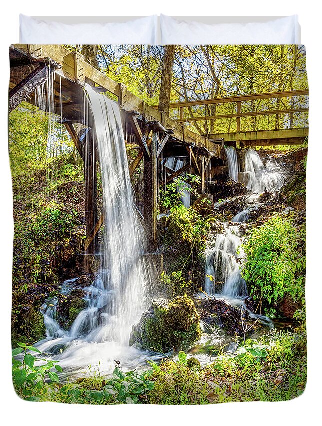 Waterfall Duvet Cover featuring the photograph Reeds Spring Mill Trough Waterfall by Jennifer White