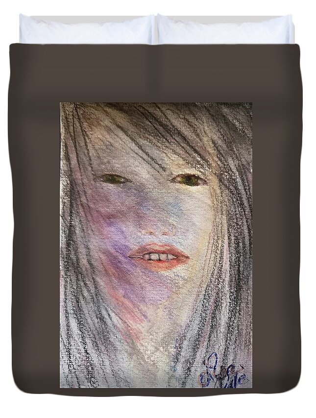 Girl Duvet Cover featuring the drawing Reflecting..... by Lisa Koyle