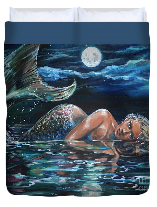 Mermaids Duvet Cover featuring the painting Reflection by Linda Olsen