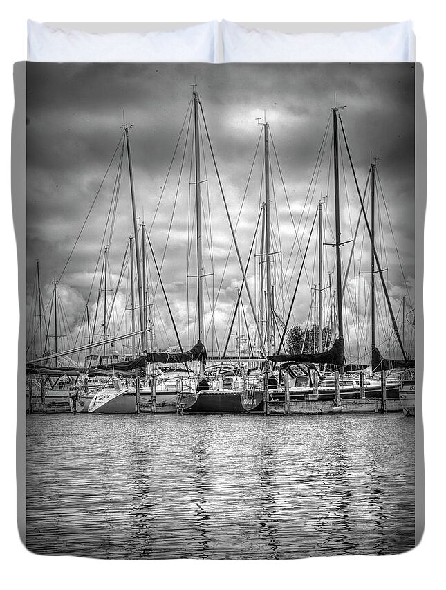 Boats Duvet Cover featuring the photograph Reflections and Boats at the Harbor in Black and White by Debra and Dave Vanderlaan