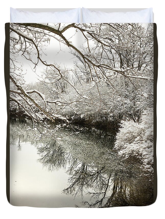 Blackwell Forest Preserve Duvet Cover featuring the photograph Reflections of early spring snow in Portrait by Joni Eskridge