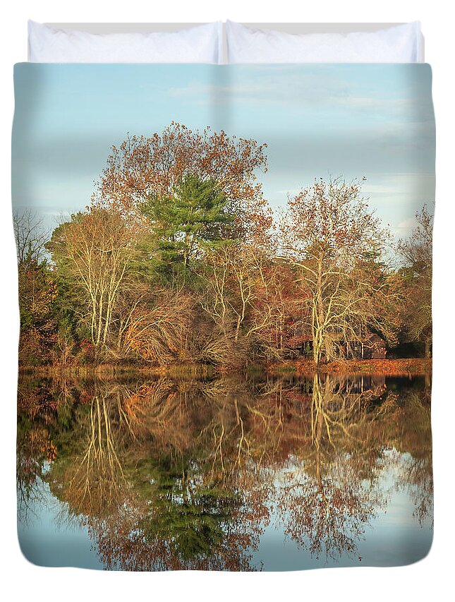 Autumn Duvet Cover featuring the photograph Reflections on Batsto Lake by Kristia Adams