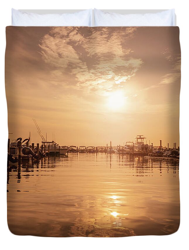 Rehoboth Duvet Cover featuring the photograph Rehoboth Bay Marina Sunset by Jason Fink