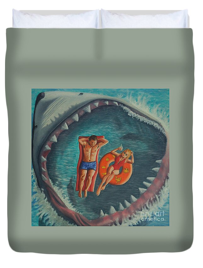 Shark Duvet Cover featuring the painting Relaxing at the Beach by Ken Kvamme