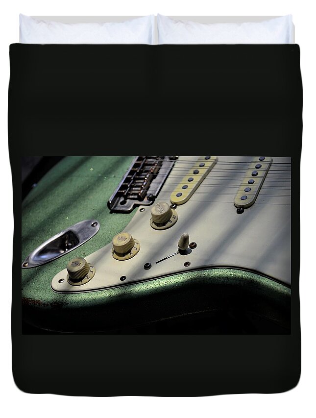 Fender Duvet Cover featuring the photograph Relic Fender Stratocaster Green Sparkle by Guitarwacky Fine Art