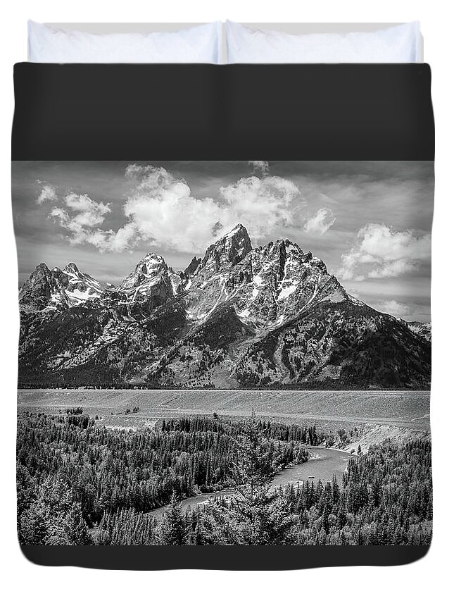 Grand Tetons National Park Duvet Cover featuring the photograph Remembering Ansel Adams, Black and White by Marcy Wielfaert