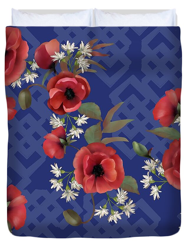 Poppies Duvet Cover featuring the digital art Remembrance Blue Floral by Sand And Chi