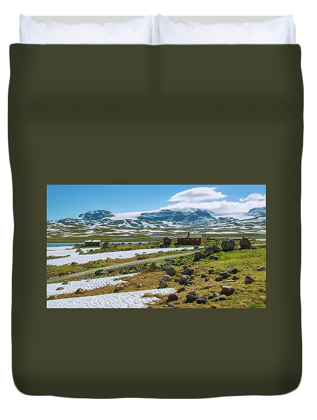 Blue Sky Duvet Cover featuring the photograph Remote Norwegian Cabins in the Mountain Pass by Matthew DeGrushe