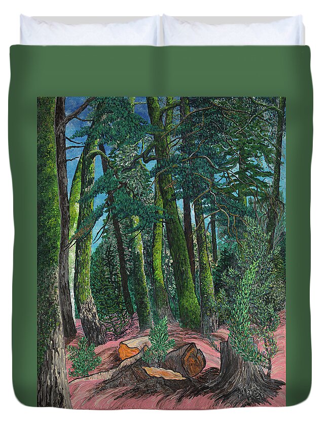 Forest Rebirth. Lake Tahoe. Landscape. Forest.  Duvet Cover featuring the painting Renacimiento forestal. West Shore, Lake Tahoe. by ArtStudio Mateo
