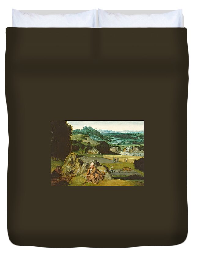 Joachim Patinir Duvet Cover featuring the painting Rest on the Flight into Egypt and the Miraculous Field of Wheat by Joachim Patinir
