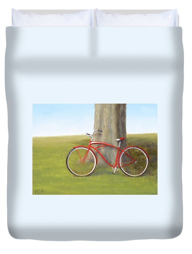 Red Bicycle Duvet Cover featuring the painting Retired by Phyllis Andrews