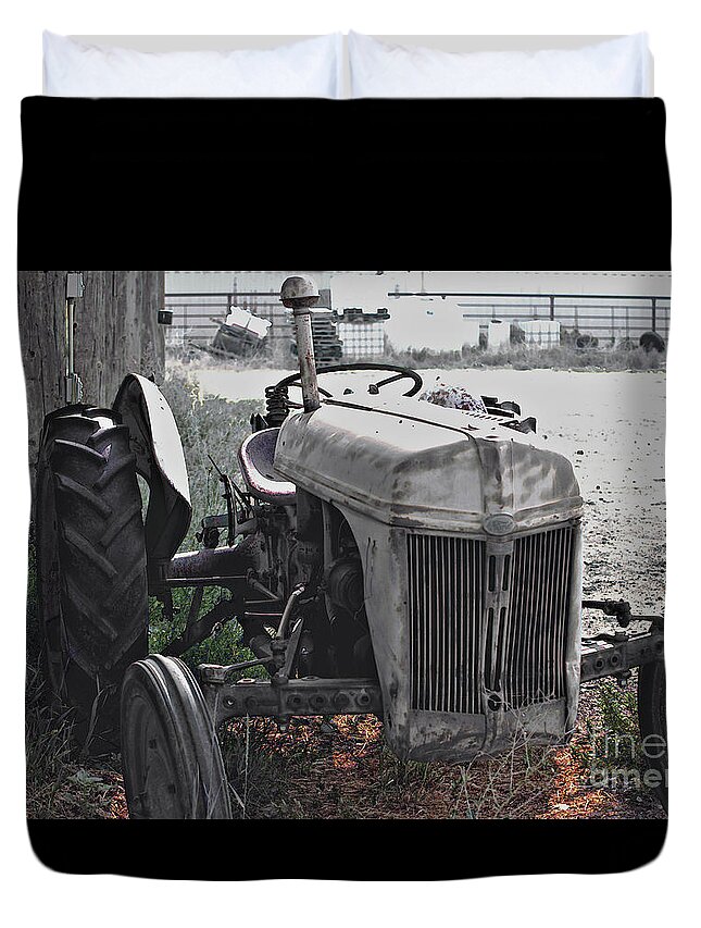 Tractor Duvet Cover featuring the mixed media Retired Tractor by Kae Cheatham