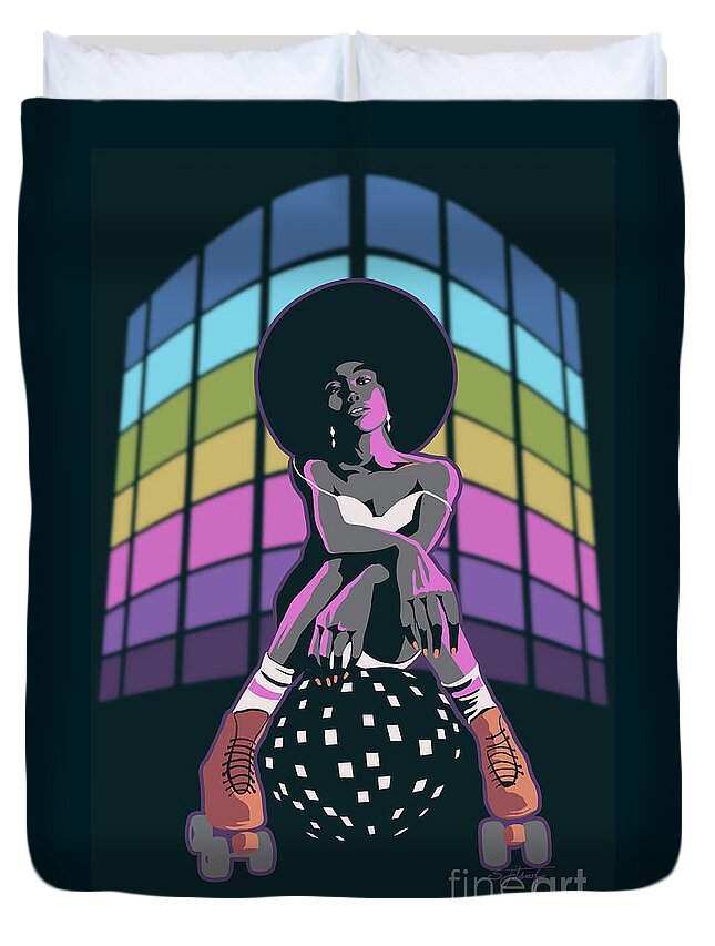 Roller Skate Duvet Cover featuring the painting Retro Disco Roller Queen by Sassan Filsoof