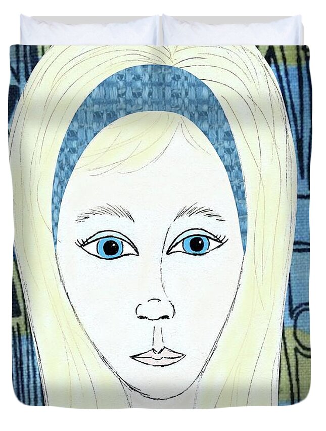 Retro Portrait Duvet Cover featuring the mixed media Retro Face in Blue by Donna Mibus