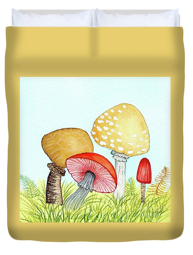 Retro Mushrooms Duvet Cover featuring the painting Retro Mushrooms 1 by Donna Mibus