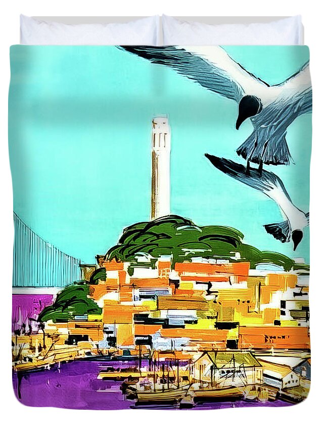 Bay Duvet Cover featuring the drawing Retro San Francisco Travel Poster 1952 by M G Whittingham