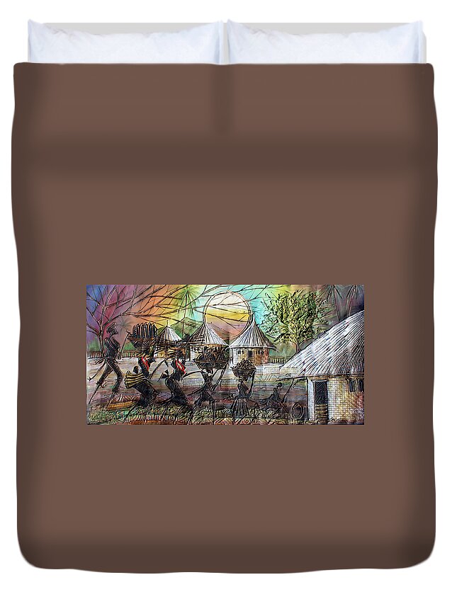 Africa Duvet Cover featuring the painting Return from the Farm by Paul Gbolade Omidiran