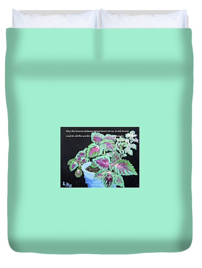 Rosh Hashanah Duvet Cover featuring the painting RH card with coleus 5782 by Linda Feinberg