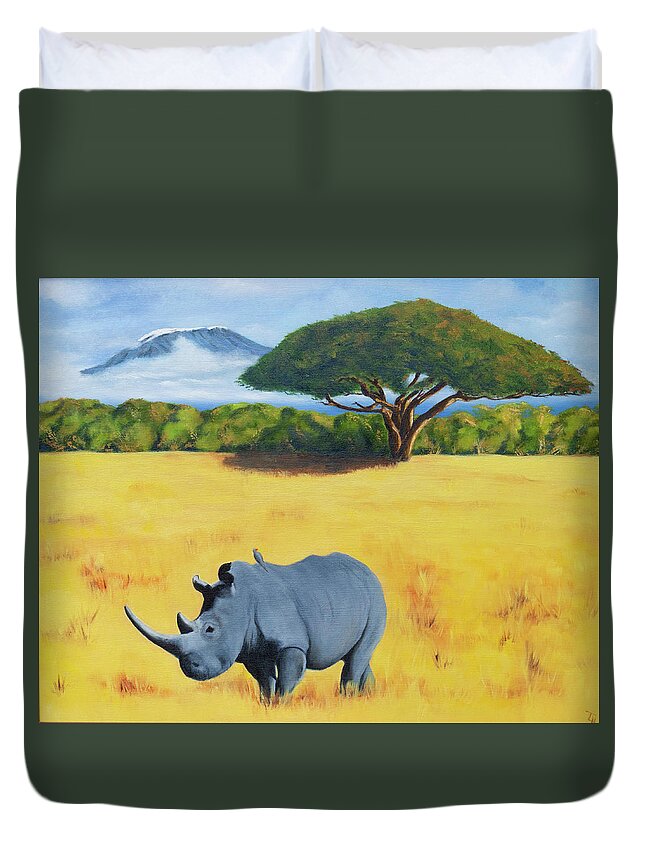 Kilimanjaro Duvet Cover featuring the painting Rhino and Kilimanjaro by Tracy Hutchinson