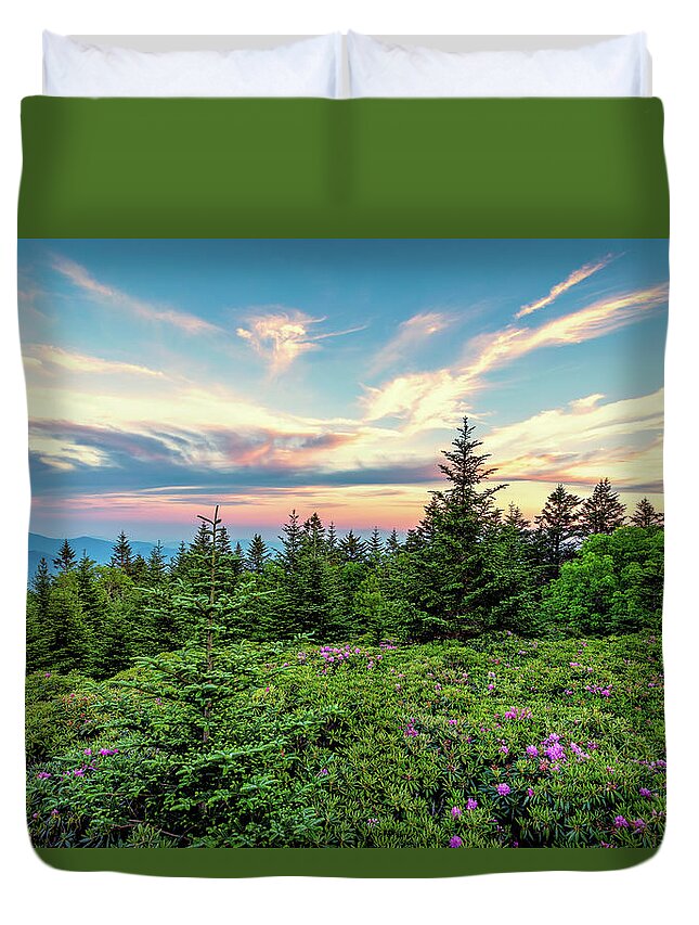 Catawba Rhododendrons Duvet Cover featuring the photograph Rhododendron Sunset by C Renee Martin