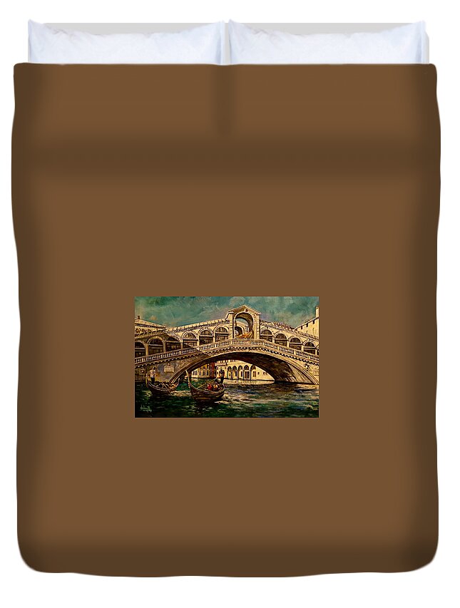 City Of Venice Duvet Cover featuring the painting Rialto bridge, Venice by Raouf Oderuth