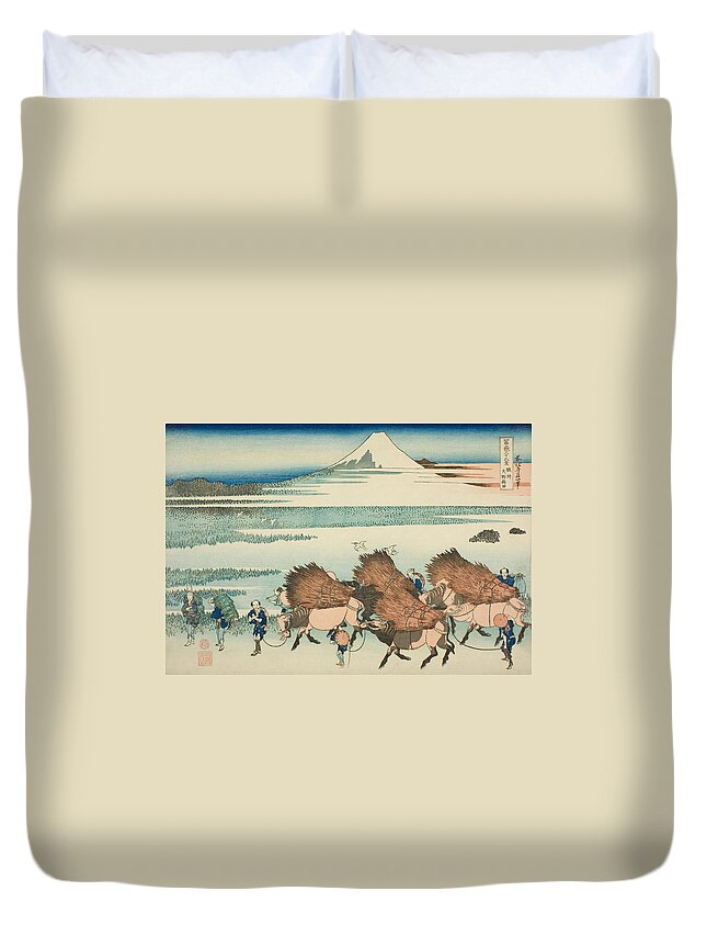 19th Century Art Duvet Cover featuring the relief Rice Paddies at Ono in Suruga Province, from the series Thirty-Six Views of Mount Fuji by Katsushika Hokusai