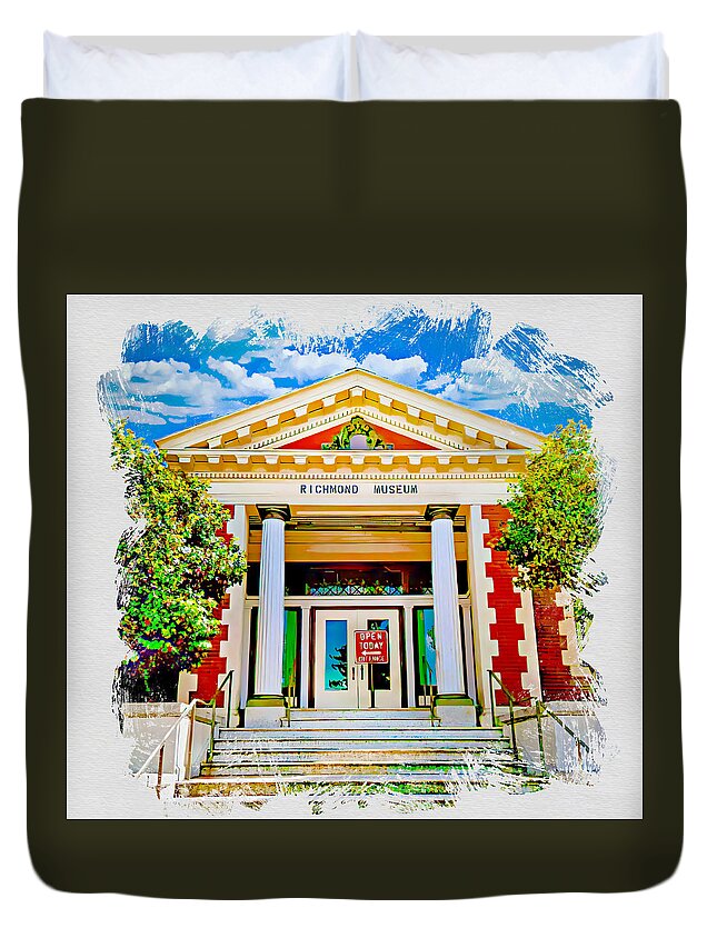 Richmond Museum Duvet Cover featuring the digital art Richmond Museum of History and Culture, Richmond, California - watercolor painting by Nicko Prints