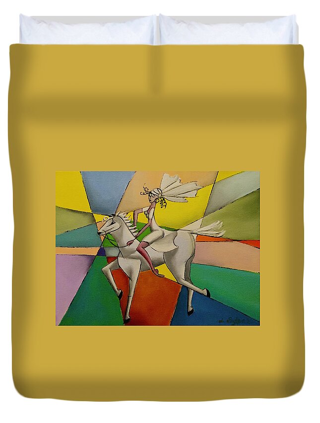Rider Duvet Cover featuring the painting White Rider by Lana Sylber