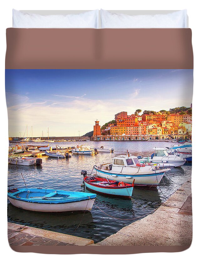 Elba Duvet Cover featuring the photograph Rio Marina boats and lighthouse. Elba island by Stefano Orazzini