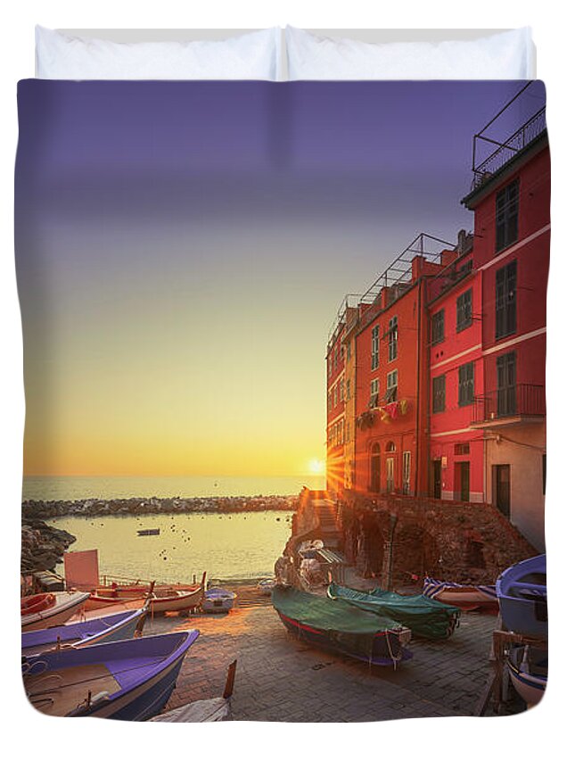 Riomaggiore Duvet Cover featuring the photograph Riomaggiore, boats in the street at sunset. Cinque Terre by Stefano Orazzini