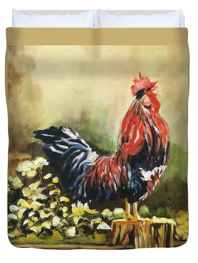 Colorful Rooster Duvet Cover featuring the painting Rise and Shine by Juliette Becker