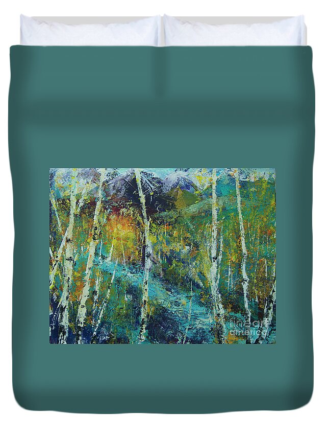 Landscape Duvet Cover featuring the painting River Birch by Jeanette French