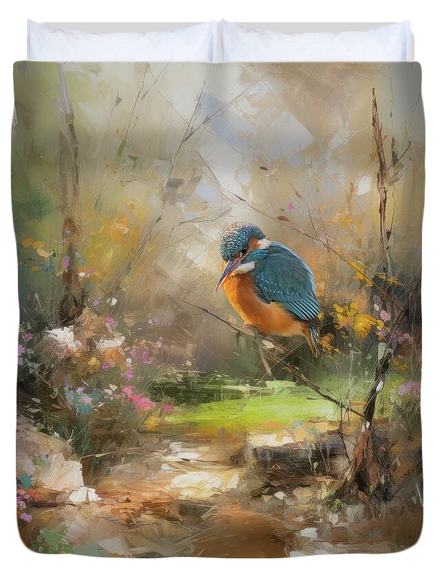 River Kingfisher Duvet Cover featuring the mixed media River Kingfisher in Spring by Eva Lechner