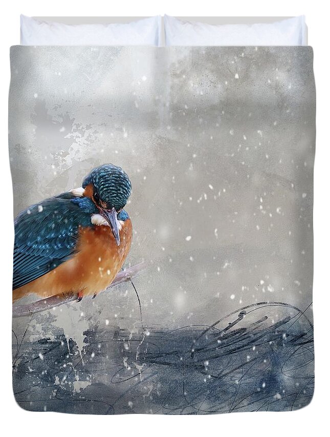 European Kingfisher Duvet Cover featuring the mixed media River Kingfisher in Winter by Eva Lechner